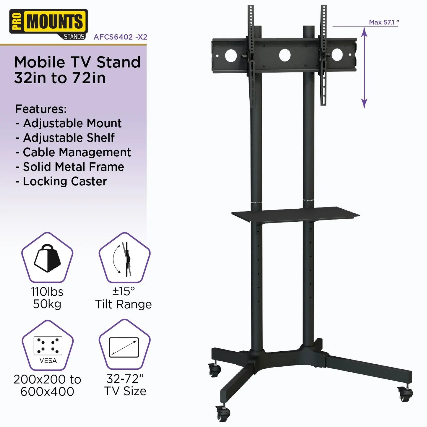 ProMount Rolling TV Stand with Mount and Adjustable Shelf for 32"-72" TVs, Holds up to 110lbs(AFCS6402-02)
