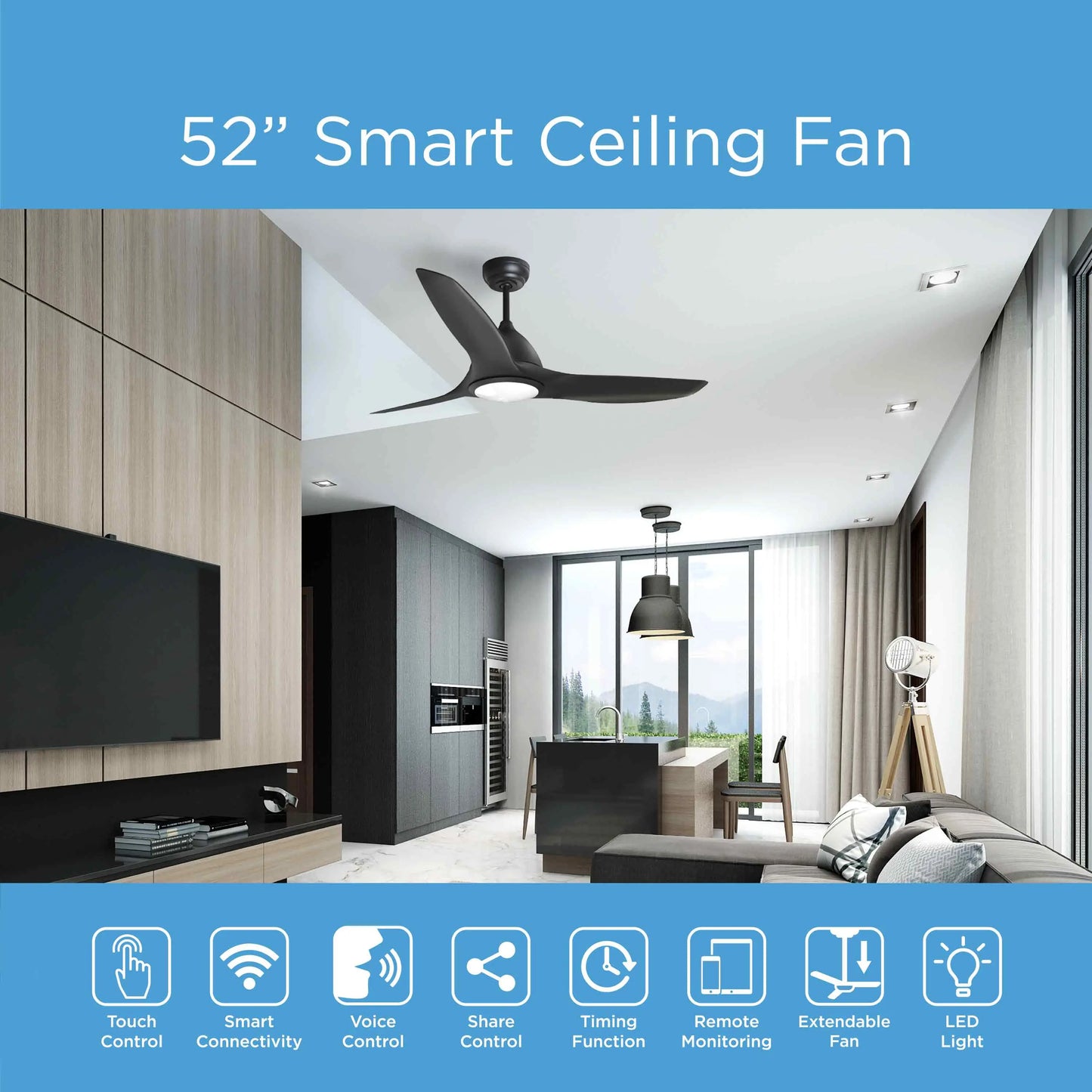 ProMounts 52 in. WIFI 3-Blade Smart Ceiling Fan with Reversible Motor, 6 Speeds and 3 Color Temperatures, App Control, Black