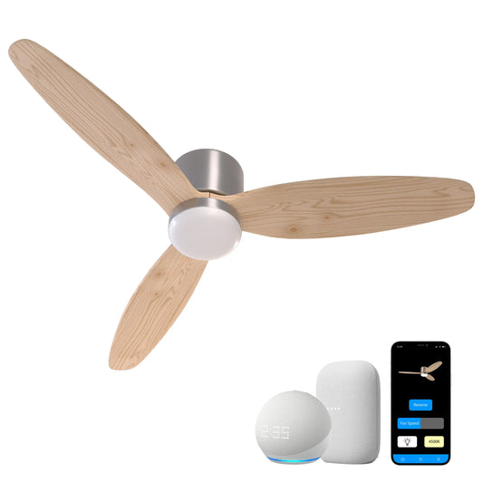ProMounts 52 in. WIFI 3-Blade Smart Ceiling Fan with Reversible Motor, 6 Speeds and 3 Color Temperatures, App Control, Natural Wood