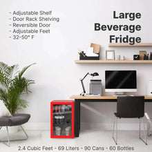 Load image into Gallery viewer, Husky 69L Beverage Refrigerator 2.4 C.ft. Freestanding Mini Fridge With Glass Door in Red
