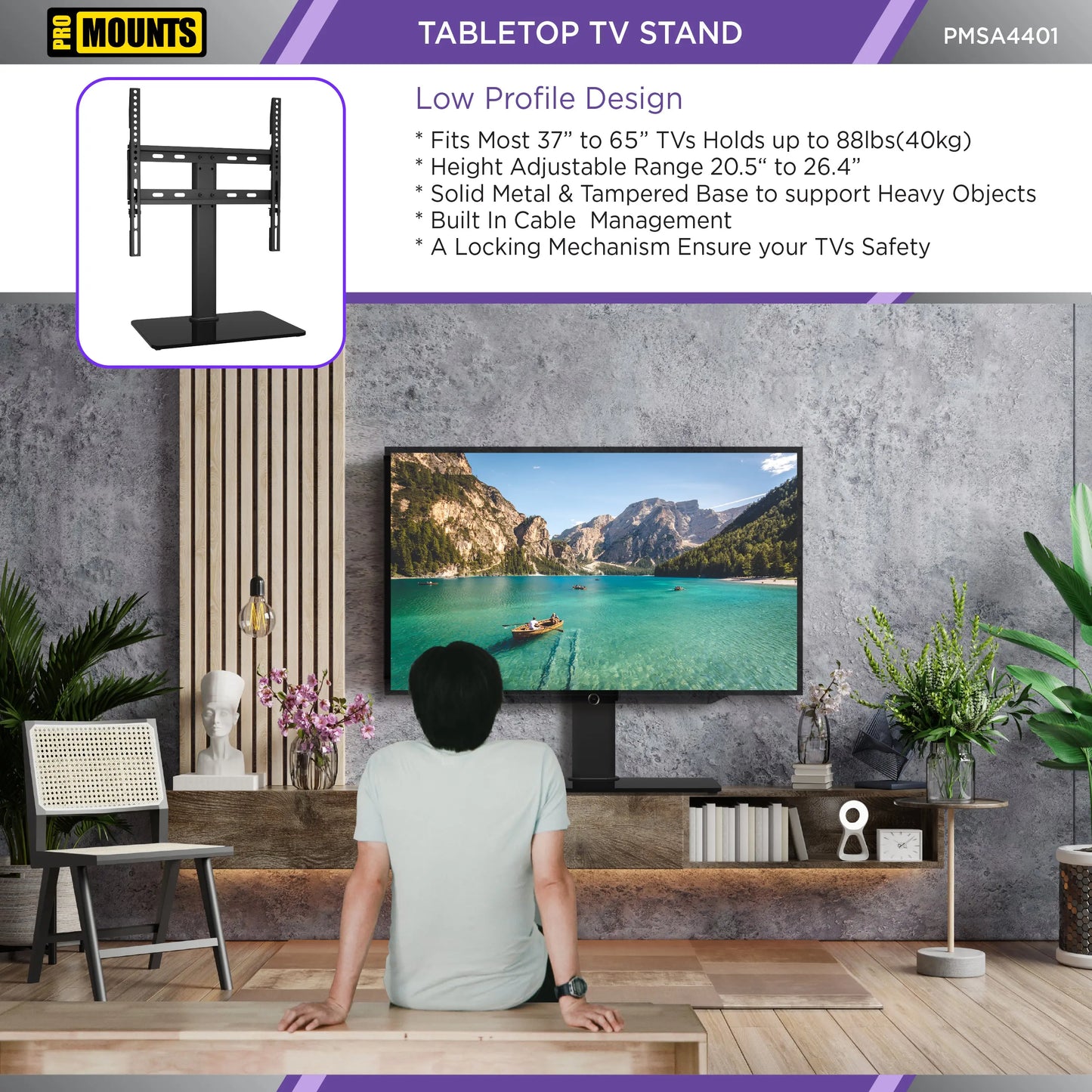 ProMounts Tabletop TV Stand Mount for 37"-65 TVs Holds up to 88lbs