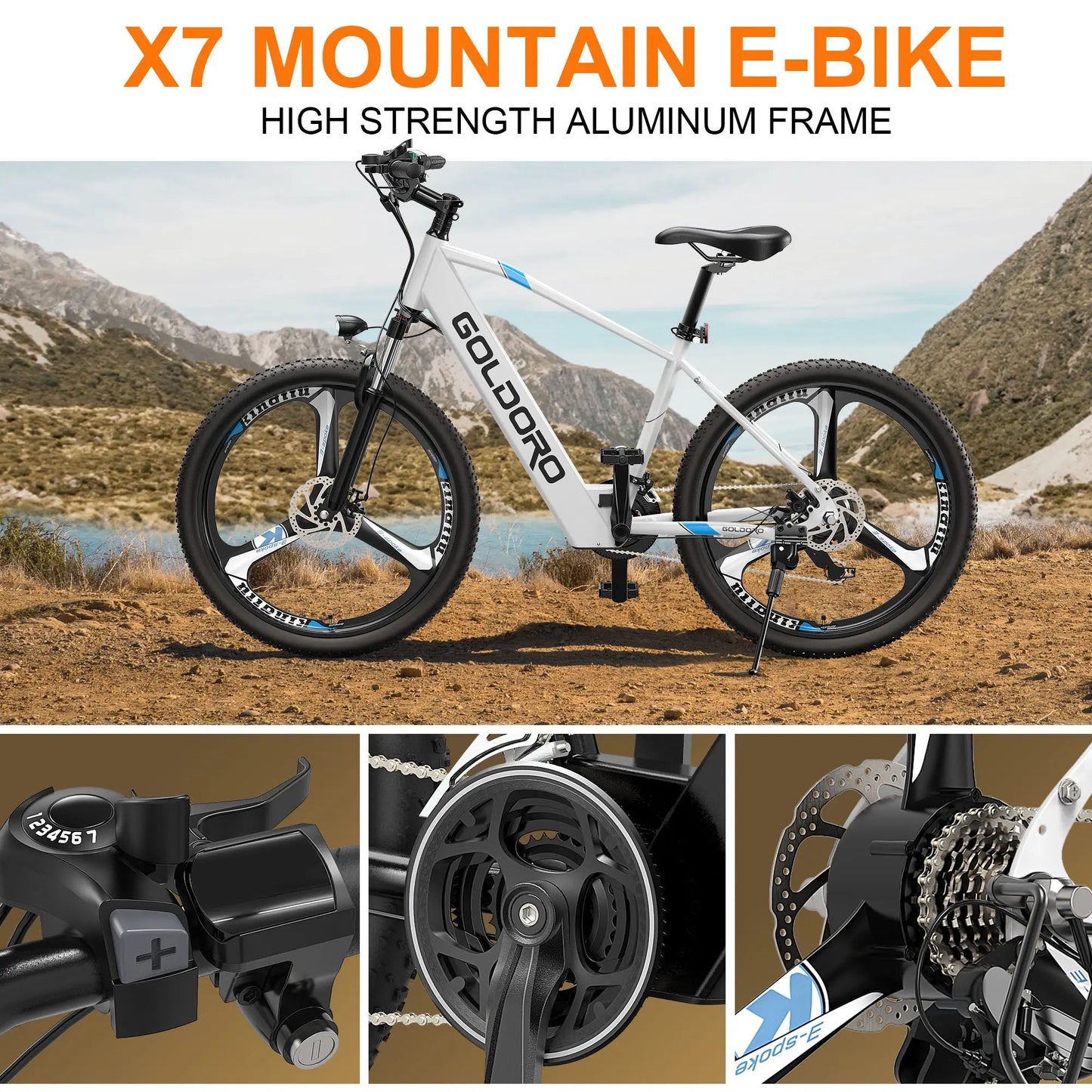 Goldoro Electric Bike 26" X7 Aluminum Alloy Mountain Bike, 250W/36V, MAX 18 MPH, 21 speed with Alloy Wheels (White)