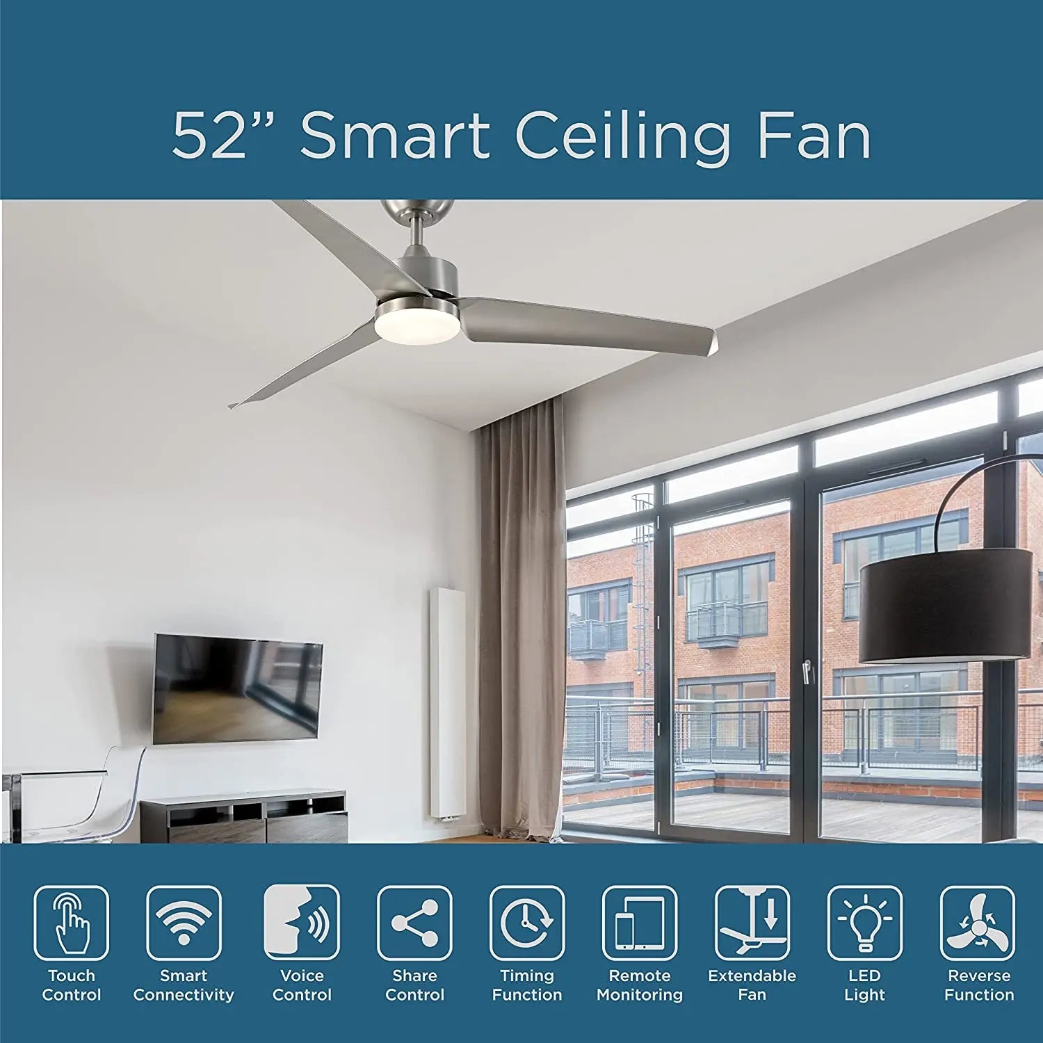 Smart Ceiling Fan 52" 3-Blade with LED Lights, High-Powered Quiet Fan with 6 Speeds and Reverse Function, Wifi Control Fan with 3 Color Temperatures, Works with Tuya Smart, Alexa and Google