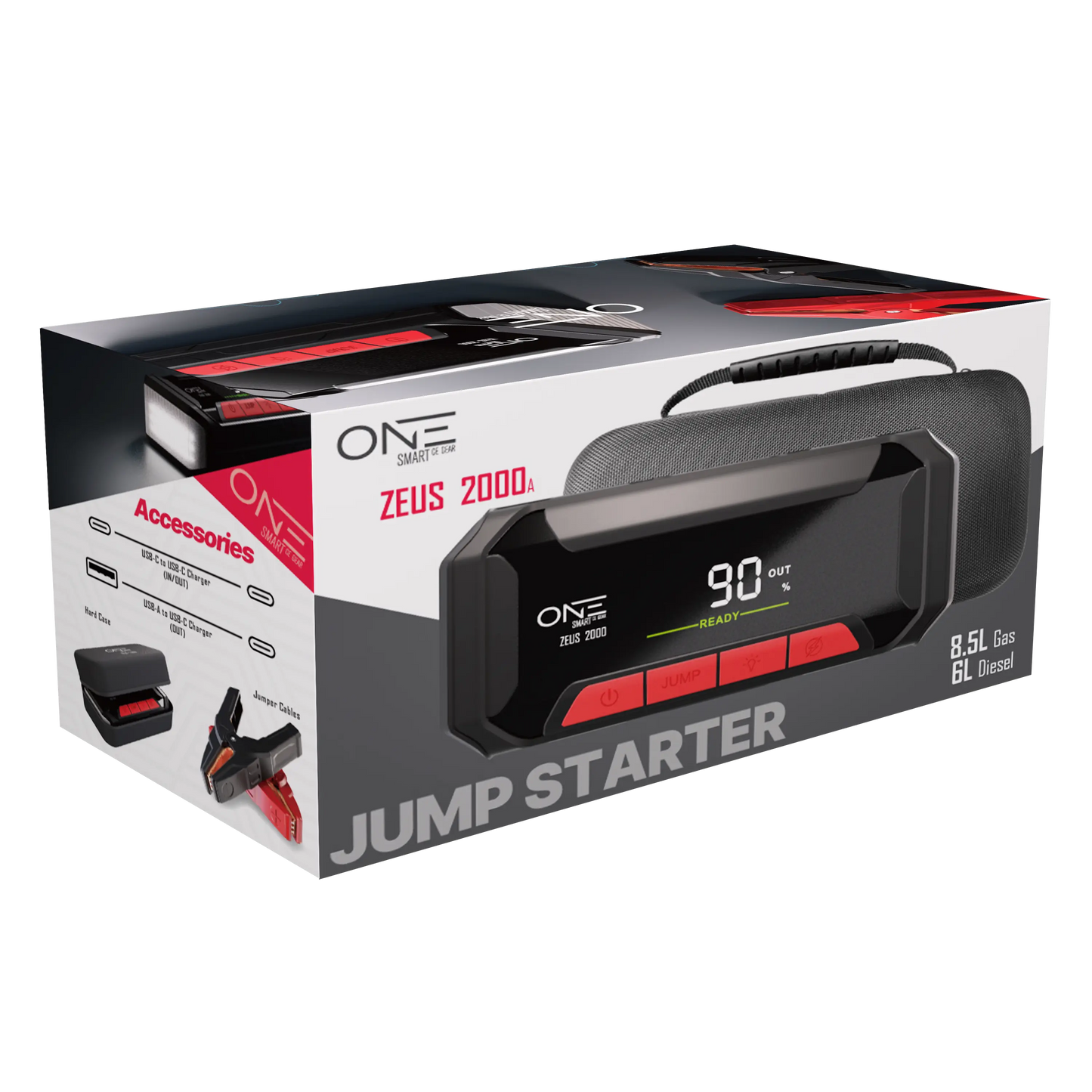 ONE Jump Starter 2000A Peak Battery Pack, Ultrasafe Car Battery Jumpstarter, 12V Jump Box for Battery up to 8.5L Gas/6L Diesel Engine, Battery Booster 65W Fast Charger, Portable Hard Case/Dust Tight