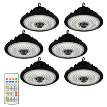 Load image into Gallery viewer, ONE Smart UFO High Bay LED Light, 6 Pack Commercial Bay Lighting with Motion Sensor for Garage/Warehouse/Gym , Remote Control, 150W 22500Lumen Energy Saving, UL Certified IP66 Waterproof
