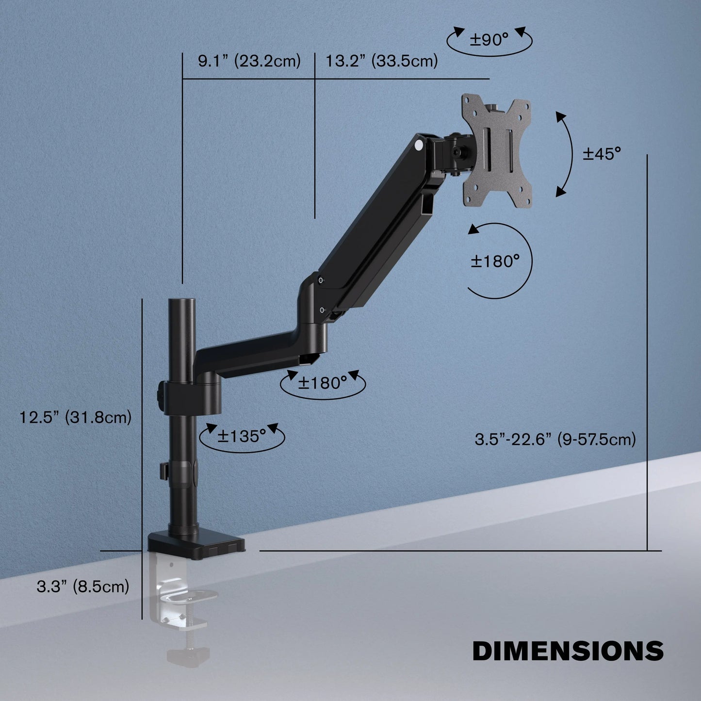 ProMounts Landscape to Portrait Single Monitor Arm for 13” to 32” Screens Holds up to 17.6 lbs