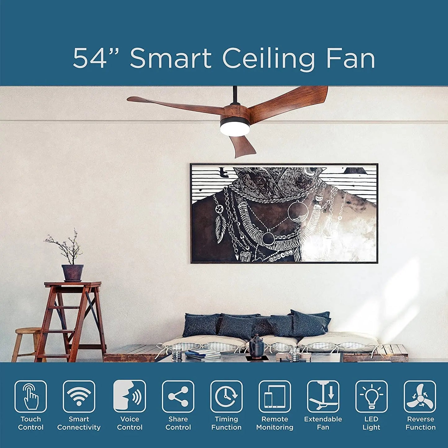 Smart Ceiling Fan 56" 3-Blade with LED Lights, High-Powered Quiet Fan with 6 Speeds and Reverse Function, Wifi Control Fan with 3 Color Temperatures, Works with Tuya Smart, Alexa and Google